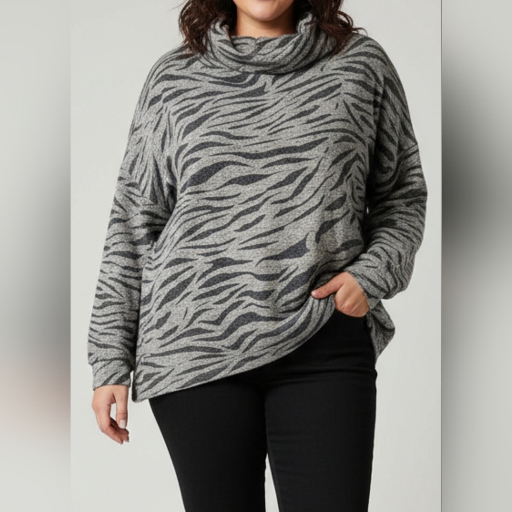 Terra & Sky Gray Zebra Cowl Neck Pullover